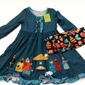 Doodle Pants Teal Nativity Dress with Black Leggings